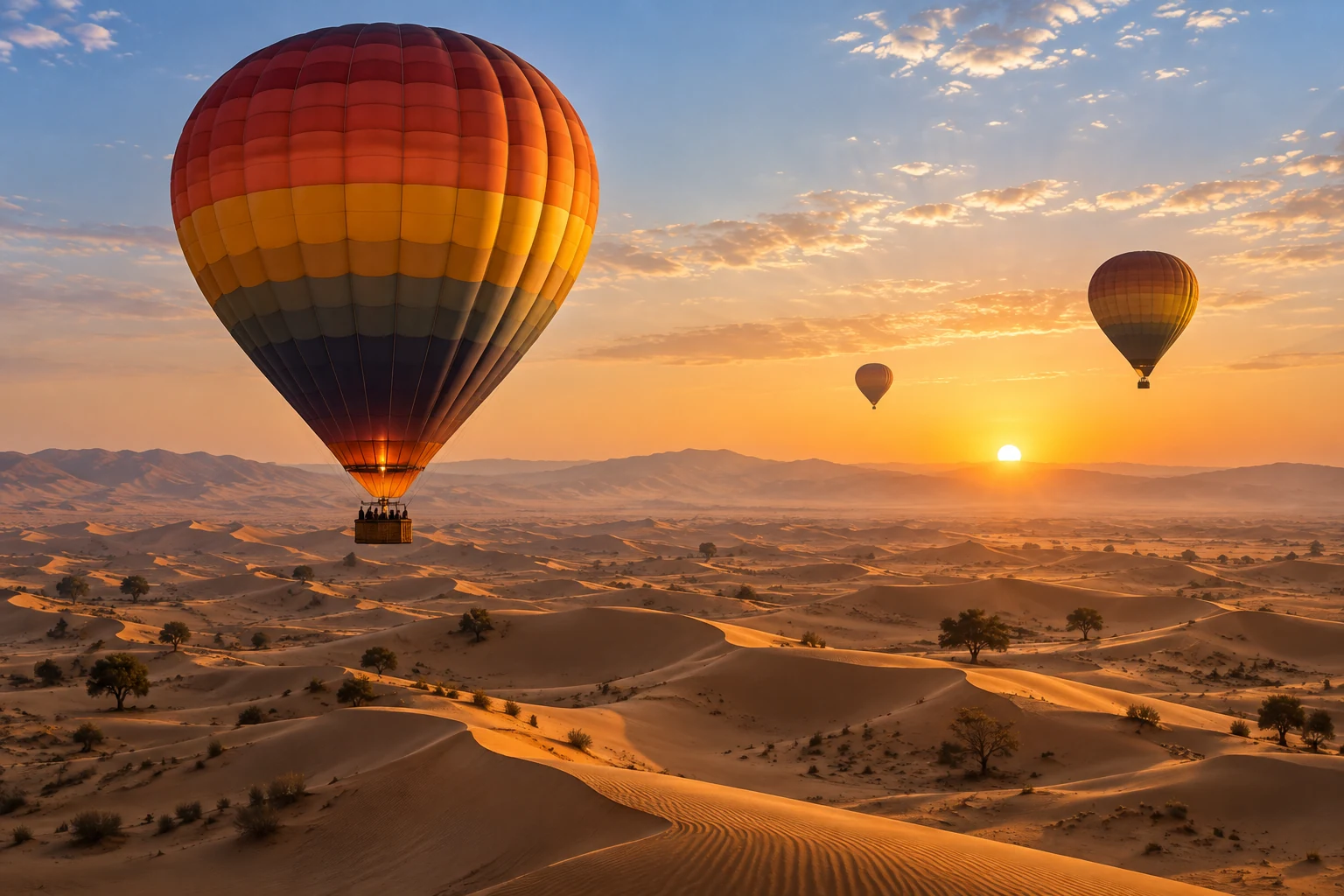 Hot-air balloons floating above Dubai's desert