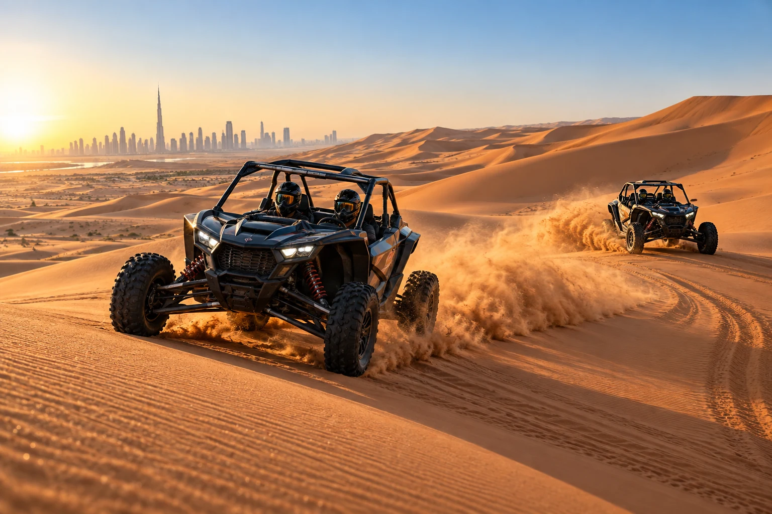 Dune buggies crossing Dubai's desert
