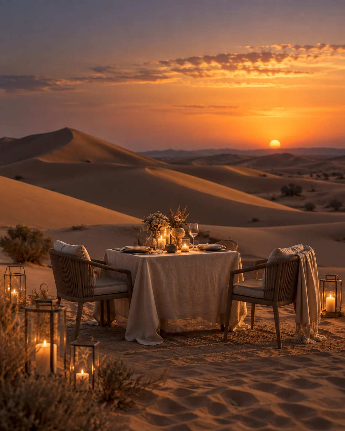 An intimate private dinner prepared among golden desert dunes at sunset