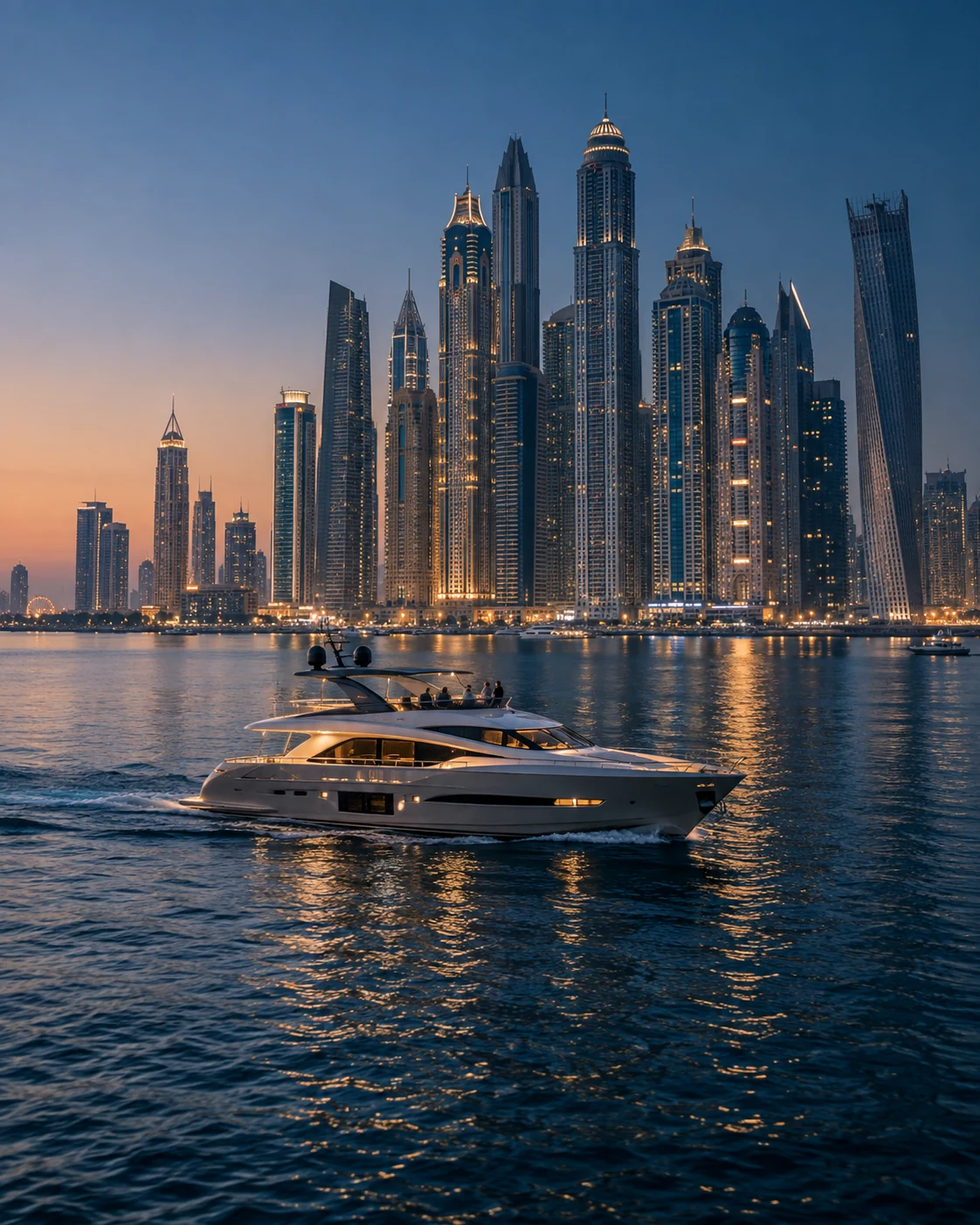 A private yacht passing the illuminated Dubai Marina skyline at blue hour